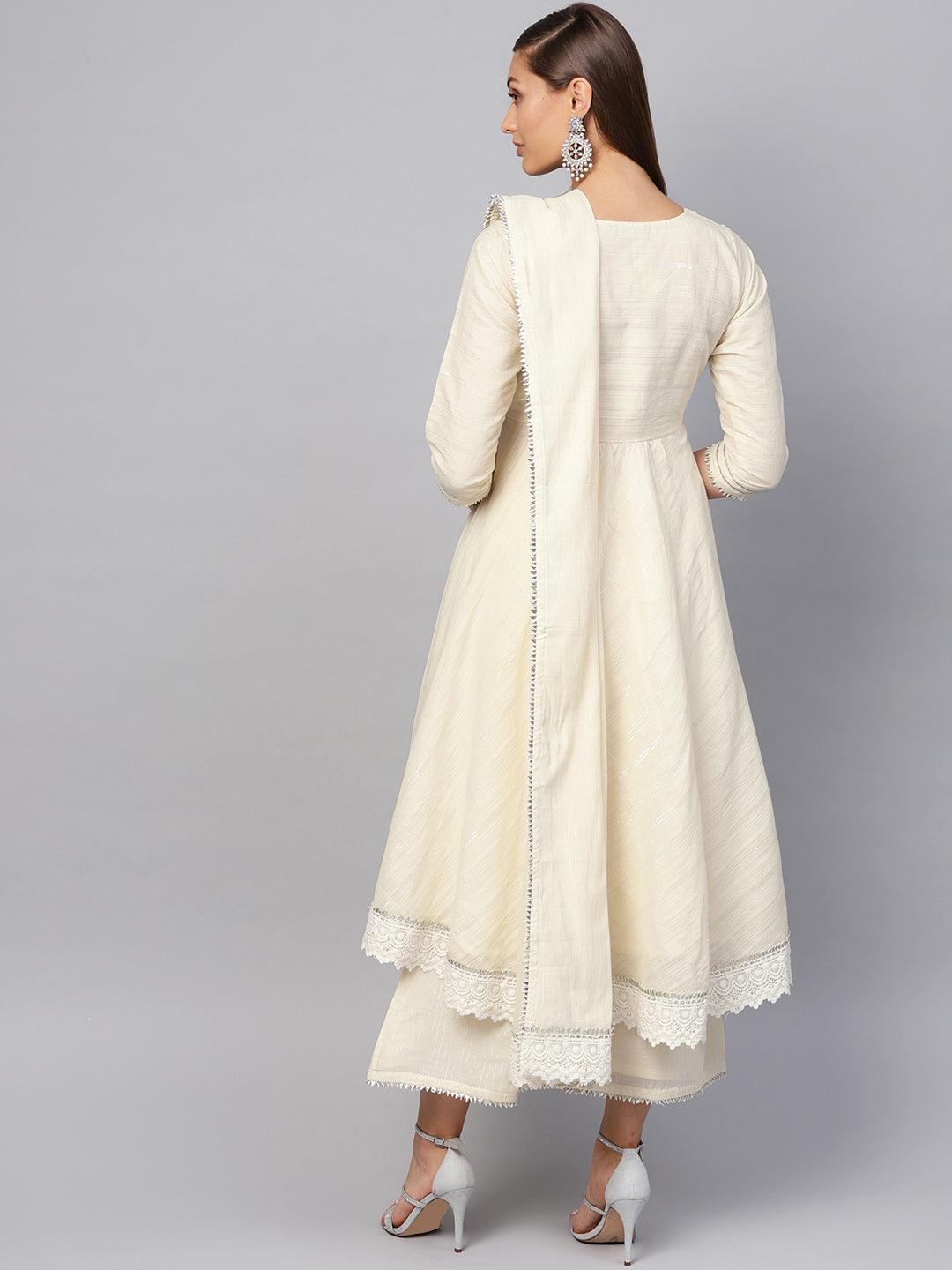 White Zari Work Cotton Suit Set - Libas