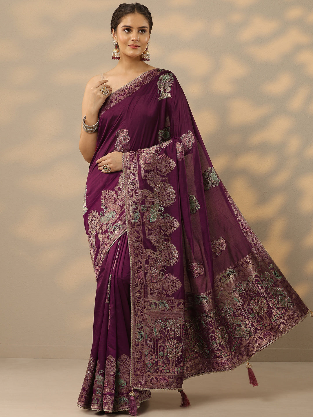 Wine Embellished Banarasi Silk Blend Saree With Unstitched Blouse Piece