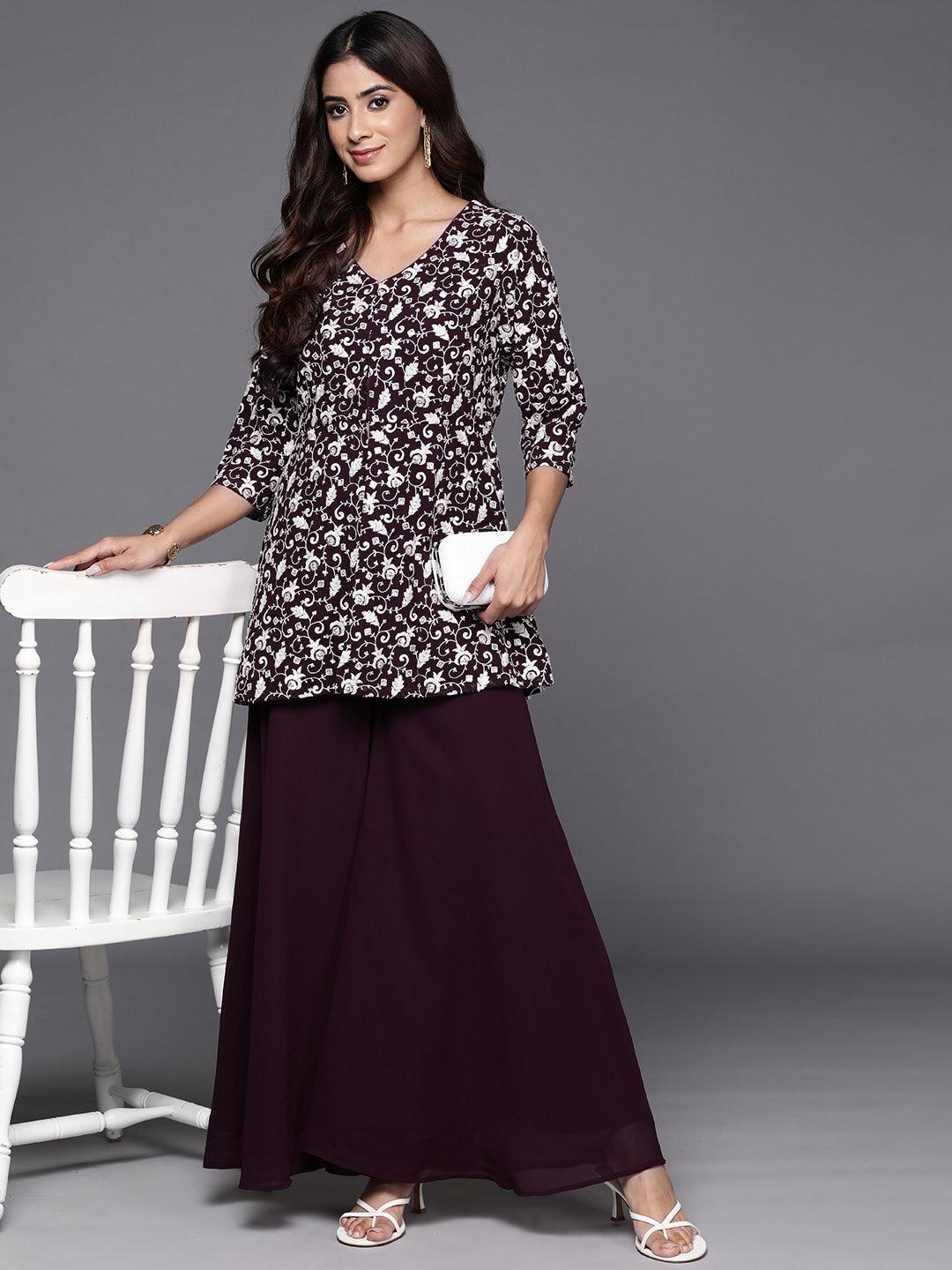 Wine Embellished Georgette Tunic With Palazzos - Libas