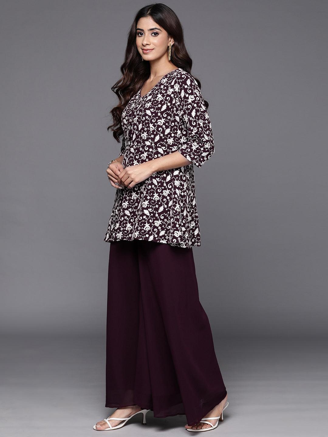 Wine Embellished Georgette Tunic With Palazzos - Libas