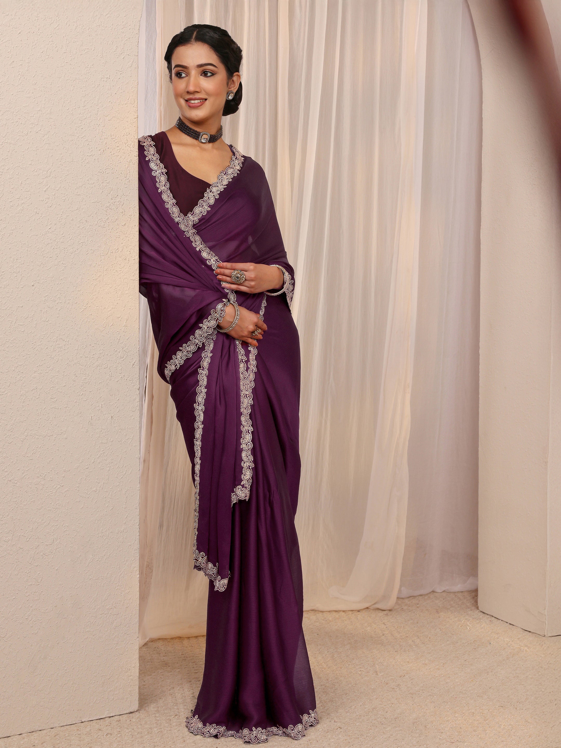 Wine Embellished Satin Saree With Unstitched Blouse Piece-image-24