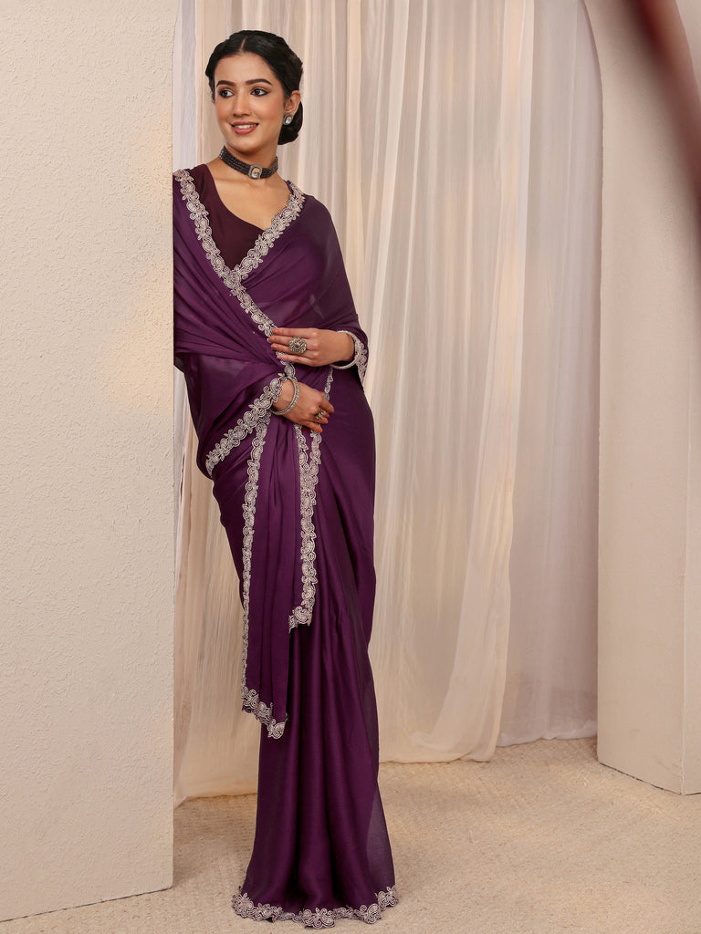 Libas Wine Embellished Satin Saree With Unstitched Blouse Piece