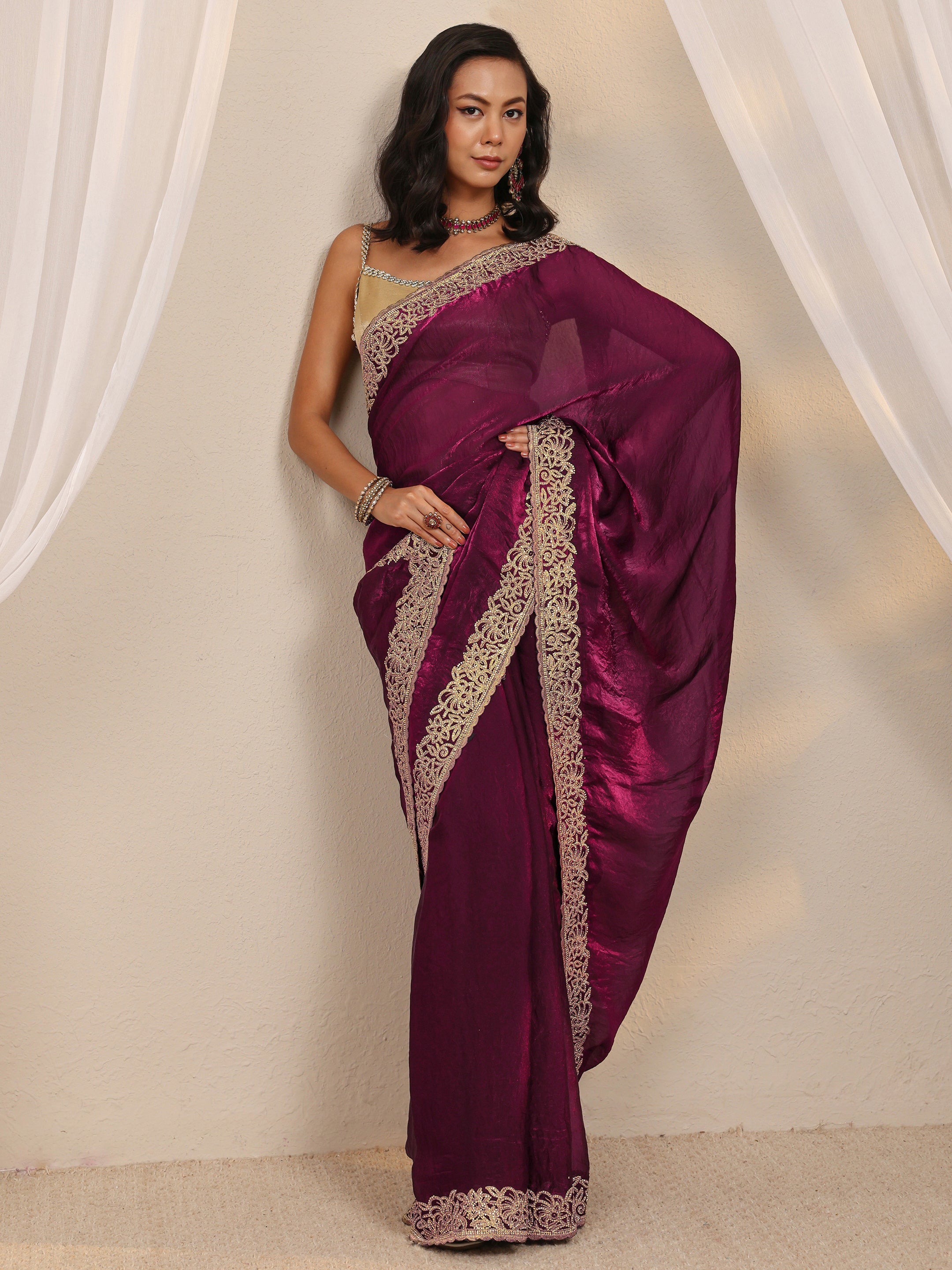 Wine Embellished Tissue Saree With Unstitched Blouse Piece-image-48