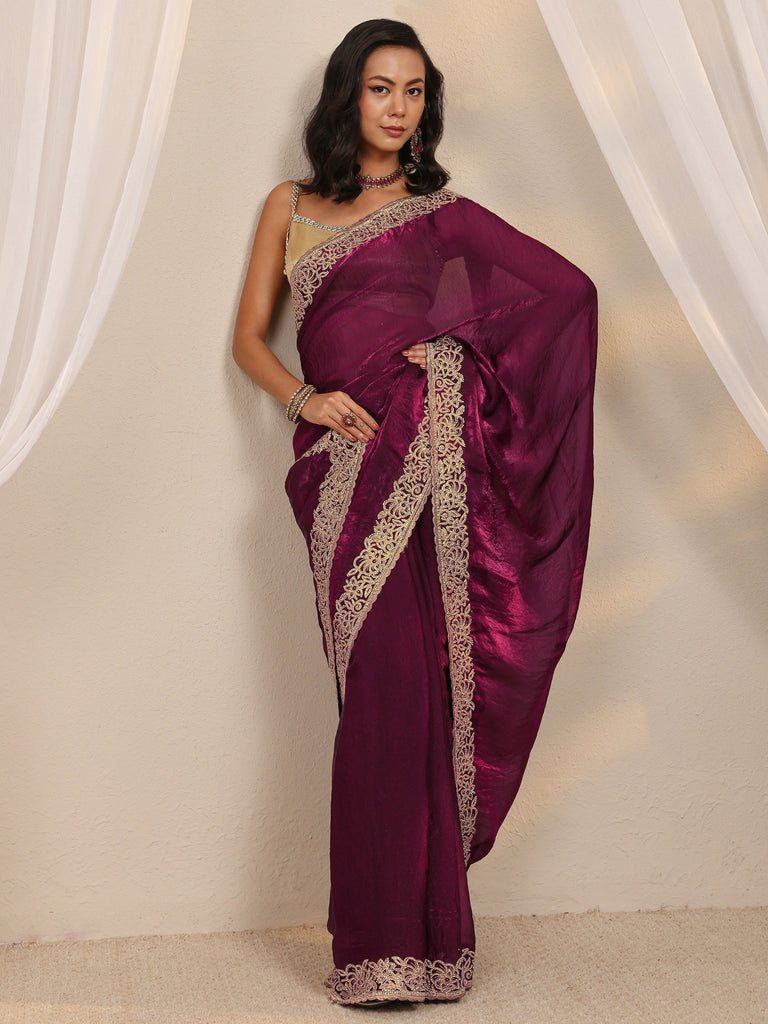 Libas Wine Embellished Tissue Saree With Unstitched Blouse Piece