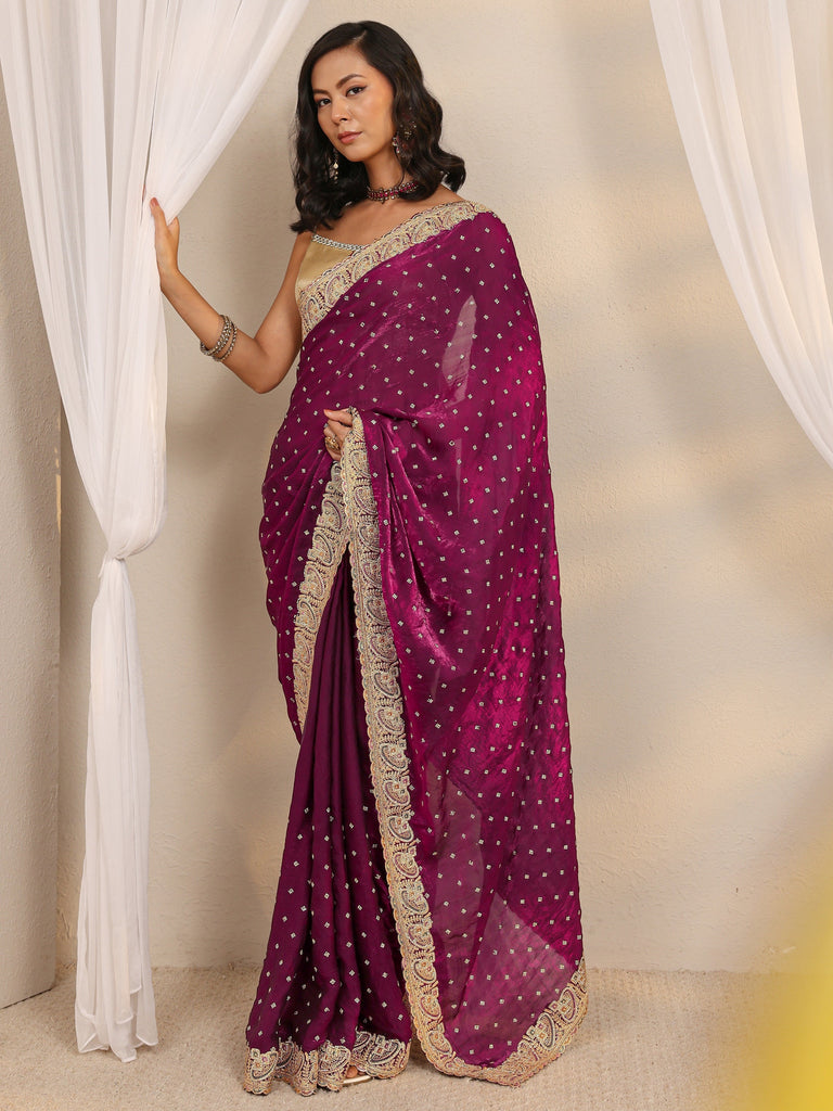 Libas Wine Embellished Tissue Saree With Unstitched Blouse Piece
