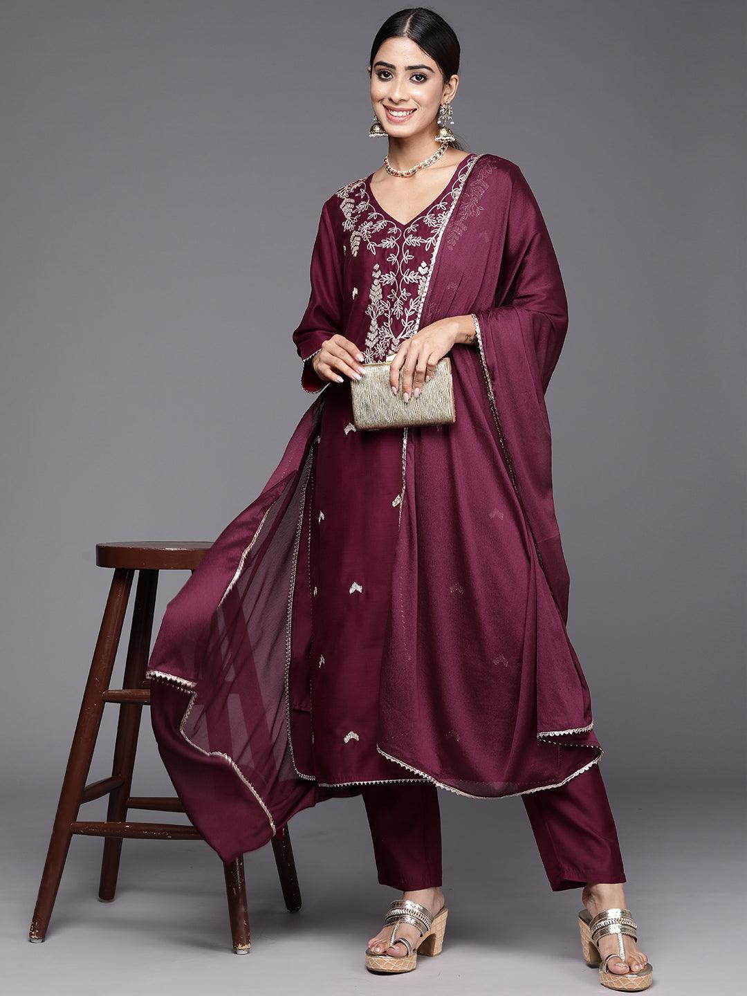 Wine Embroidered Chanderi Silk Straight Suit With Dupatta