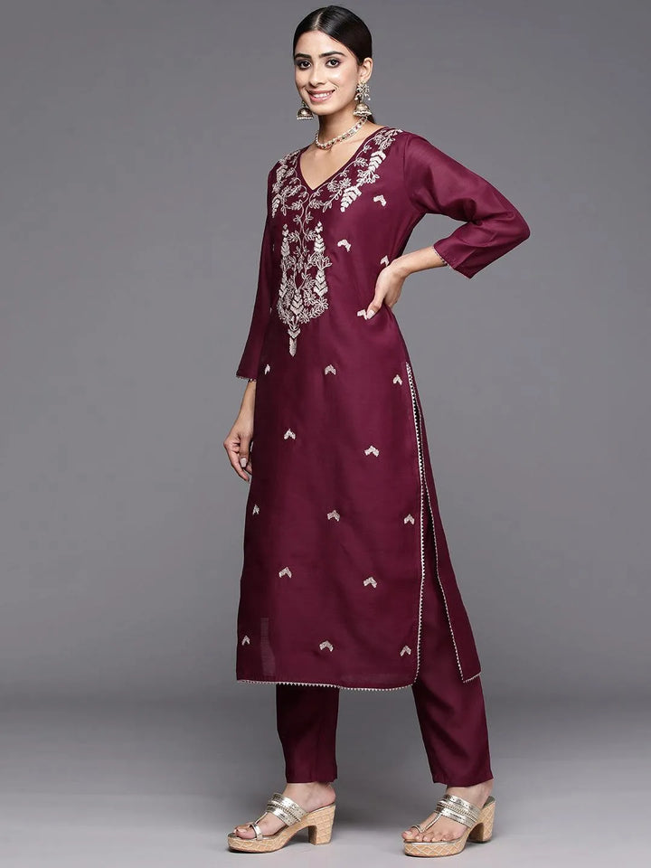 Wine Embroidered Chanderi Silk Straight Kurta With Trousers & Dupatta - Libas