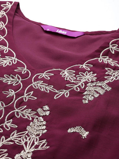 Wine Embroidered Chanderi Silk Straight Kurta With Trousers & Dupatta - Libas