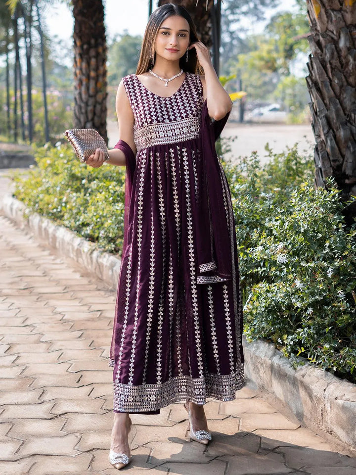 Wine Embroidered Georgette A-Line Kurta With Trousers & Dupatta - Libas