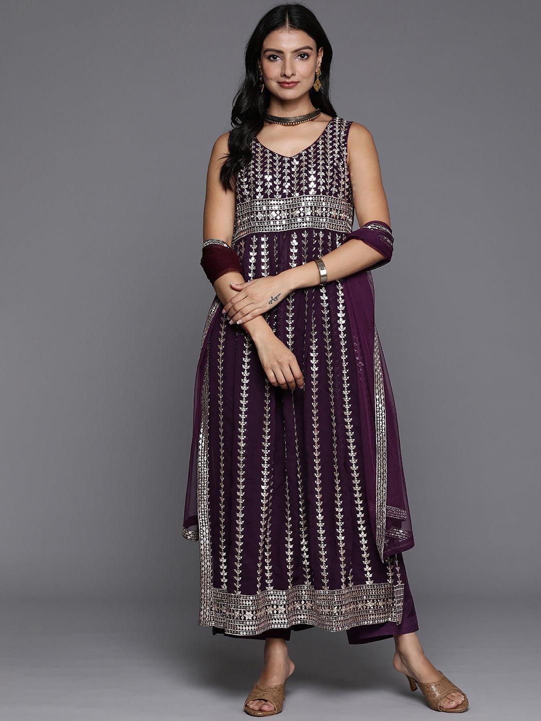 Wine Embroidered Georgette A-Line Kurta With Trousers & Dupatta - Libas