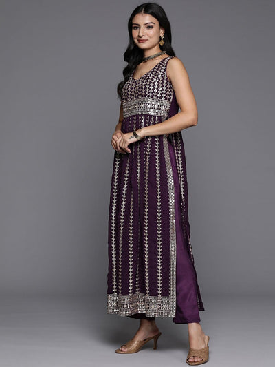Wine Embroidered Georgette A-Line Kurta With Trousers & Dupatta - Libas