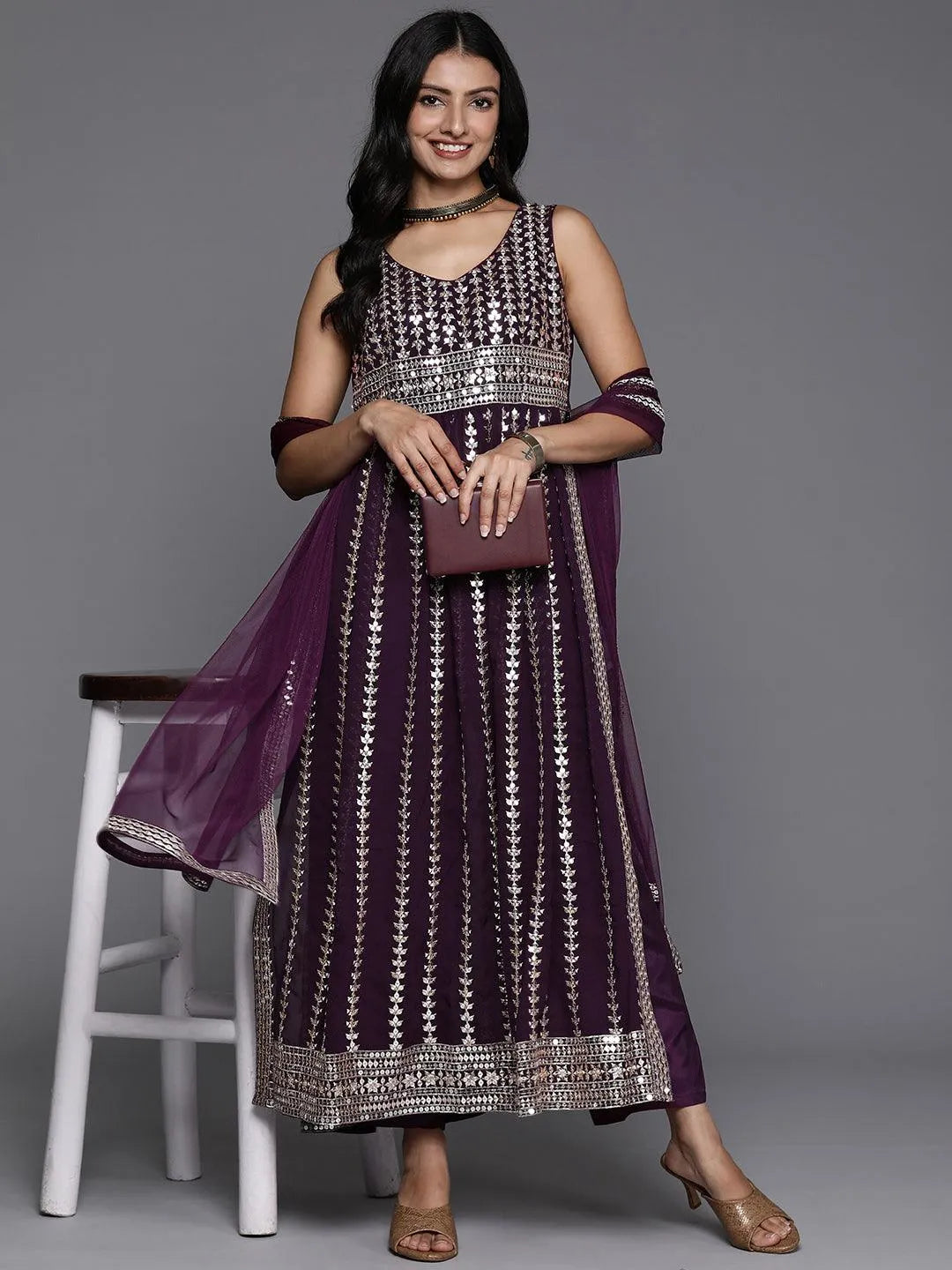 Wine Embroidered Georgette A-Line Kurta With Trousers & Dupatta - Libas 