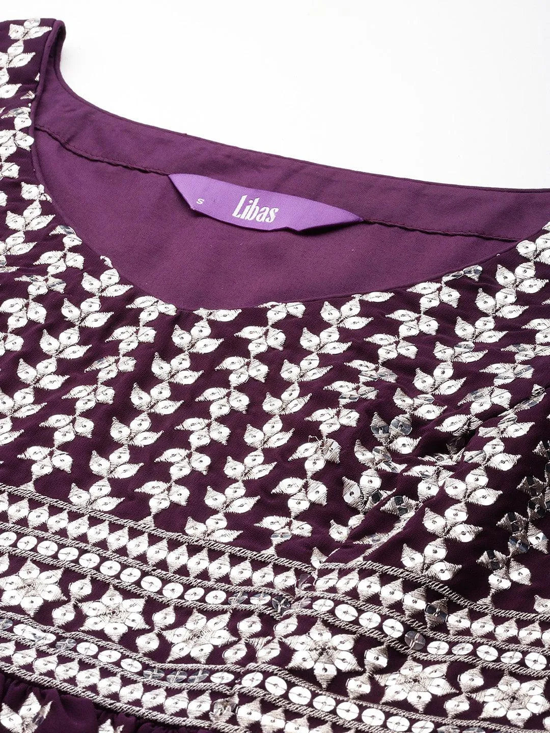 Wine Embroidered Georgette A-Line Kurta With Trousers & Dupatta - Libas 