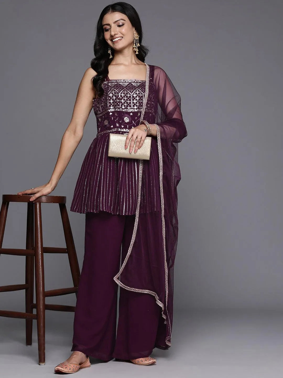 Wine Embroidered Georgette A-Line Kurti With Palazzos & Dupatta-image-26