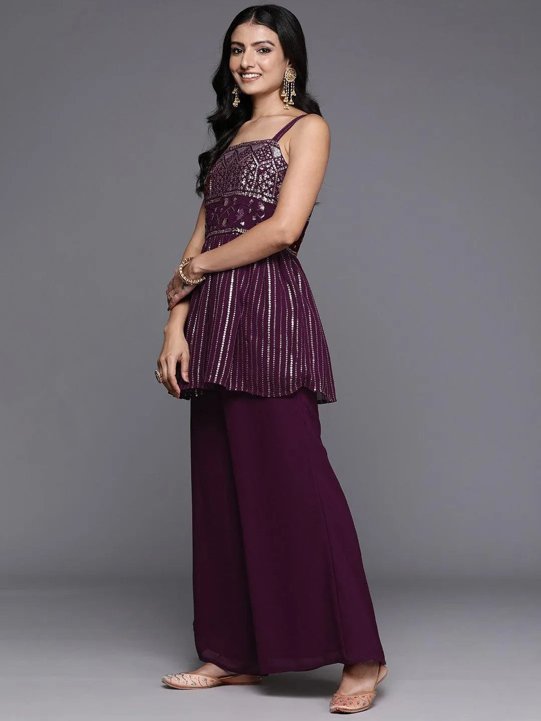Wine Embroidered Georgette A-Line Kurti With Palazzos & Dupatta - Libas 