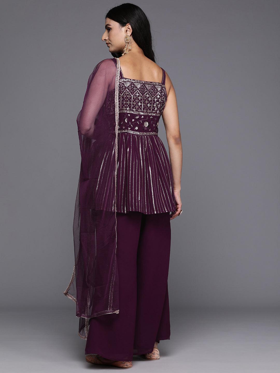 Wine Embroidered Georgette A-Line Kurti With Palazzos & Dupatta