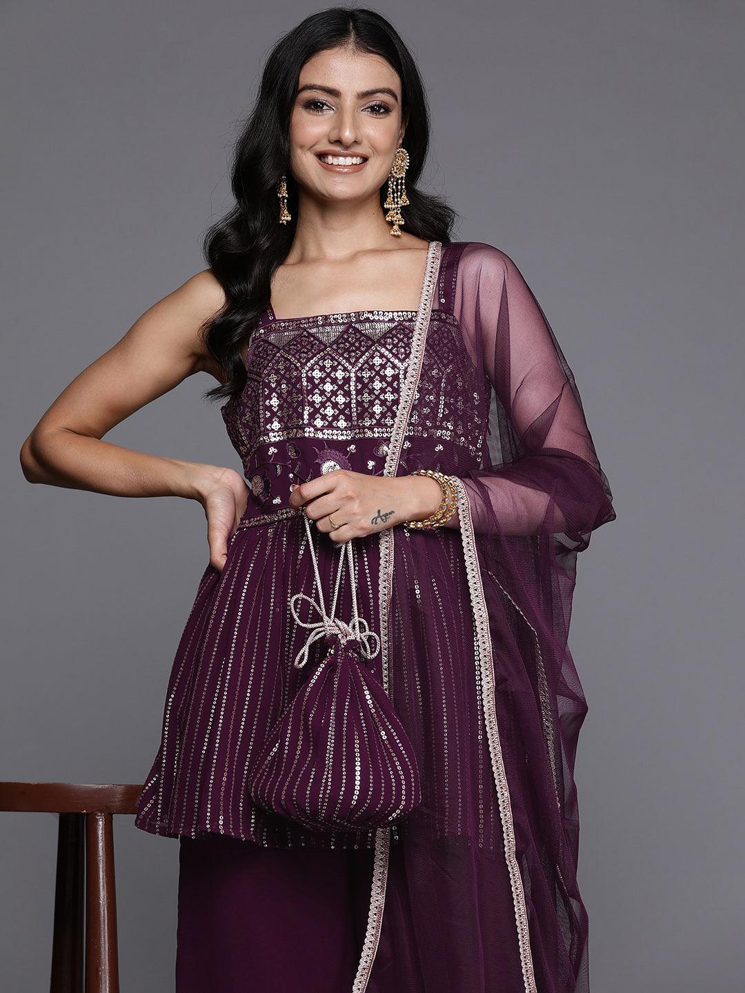 Wine Embroidered Georgette A-Line Kurti With Palazzos & Dupatta
