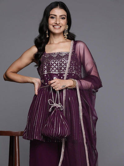 Wine Embroidered Georgette A-Line Kurti With Palazzos & Dupatta - Libas