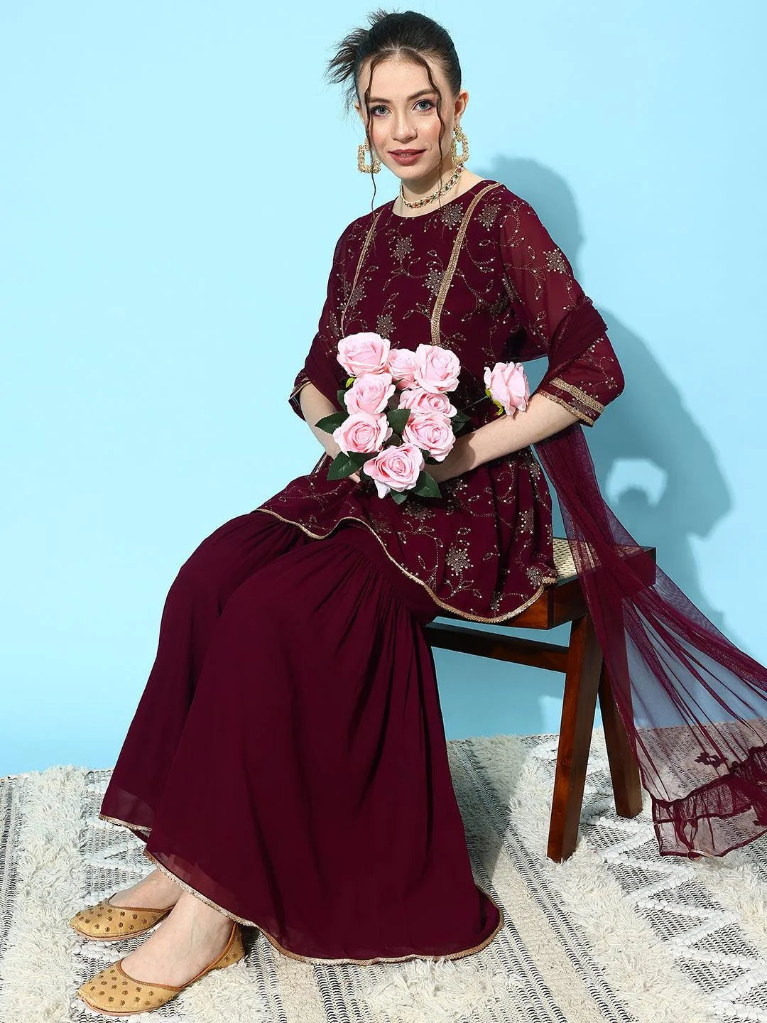 Wine Embroidered Georgette A-Line Kurti With Sharara & Dupatta - Libas