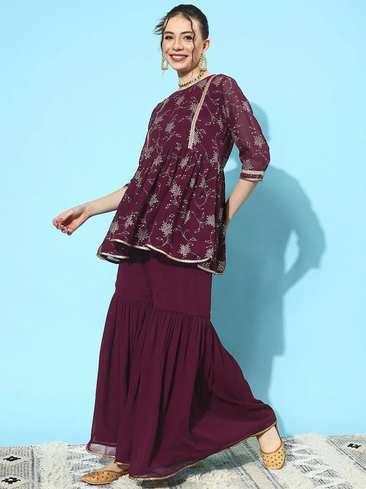 Wine Embroidered Georgette A-Line Kurti With Sharara & Dupatta - Libas