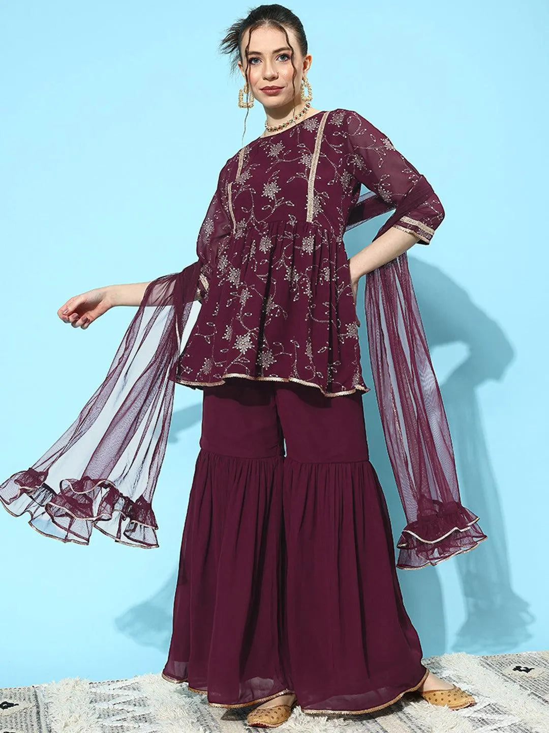 Wine Embroidered Georgette A-Line Kurti With Sharara & Dupatta - Libas