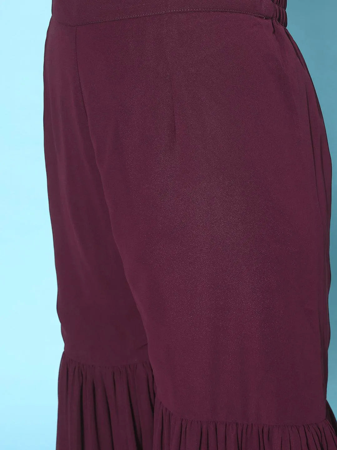 Wine Embroidered Georgette A-Line Kurti With Sharara & Dupatta - Libas 