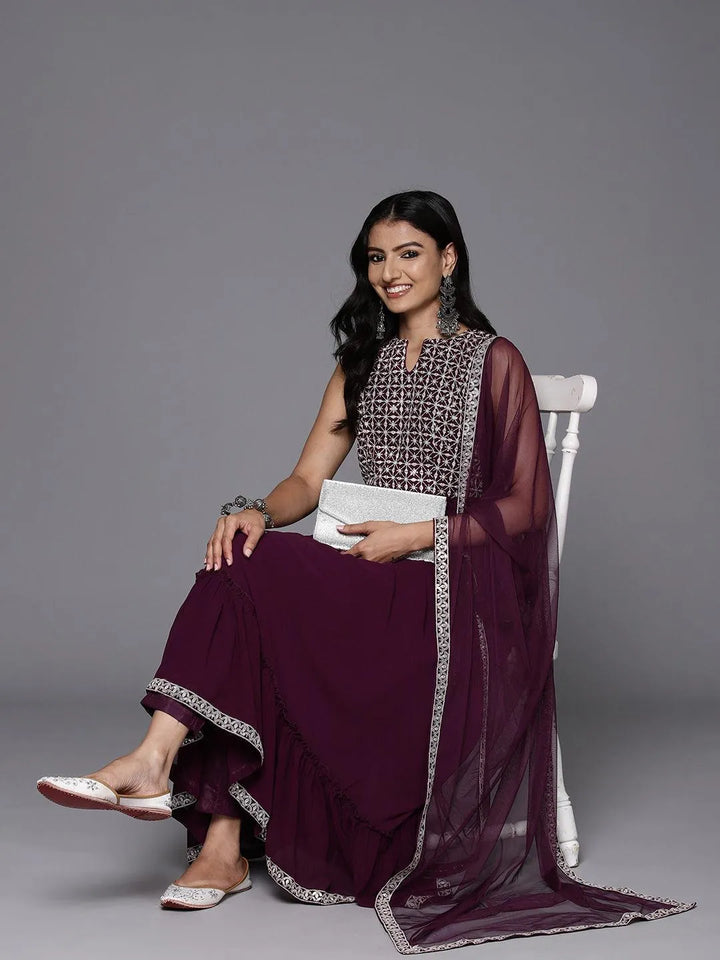 Wine Embroidered Georgette Anarkali Kurta With Trousers & Dupatta - Libas