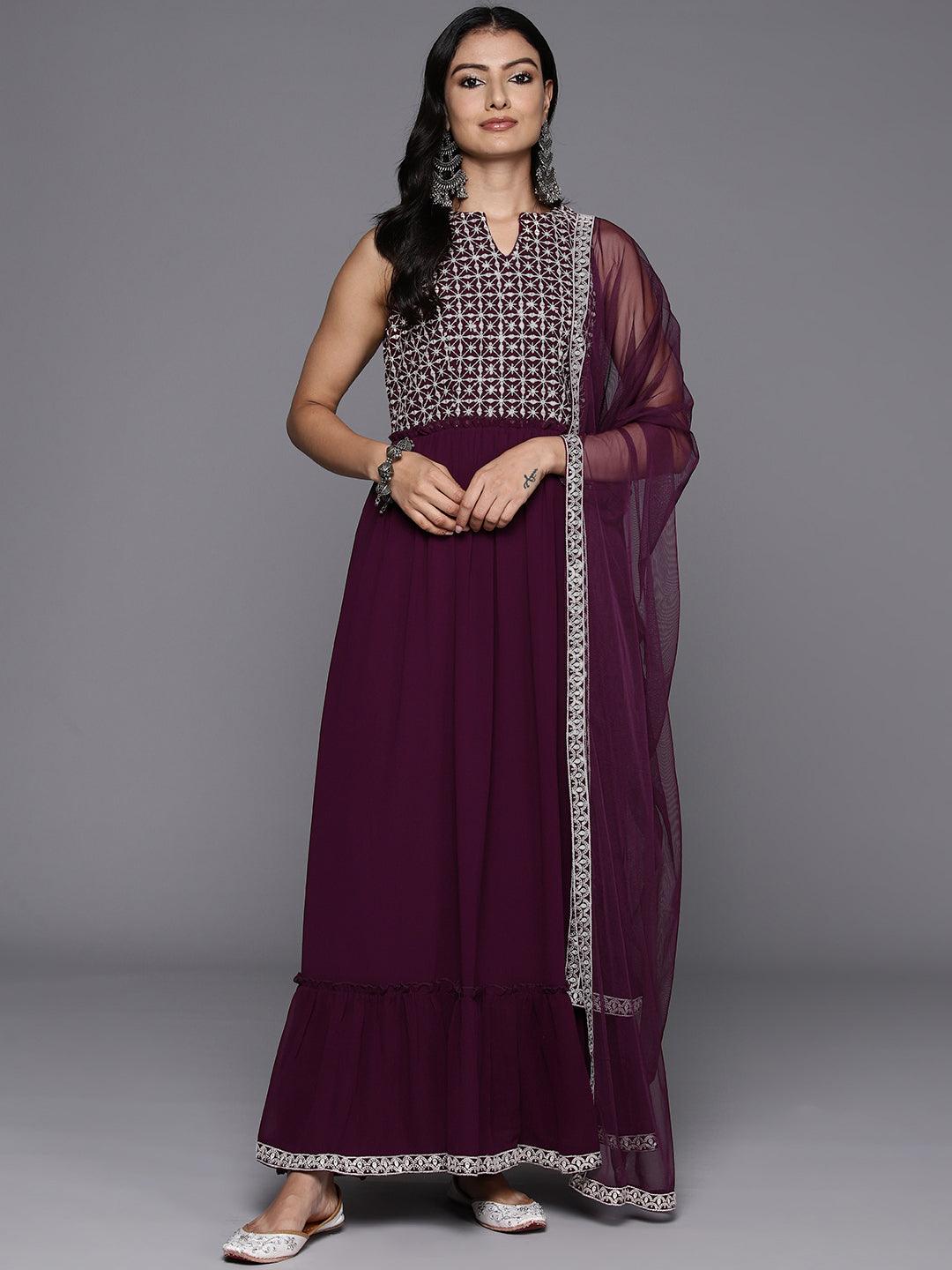 Wine Embroidered Georgette Anarkali Suit With Dupatta