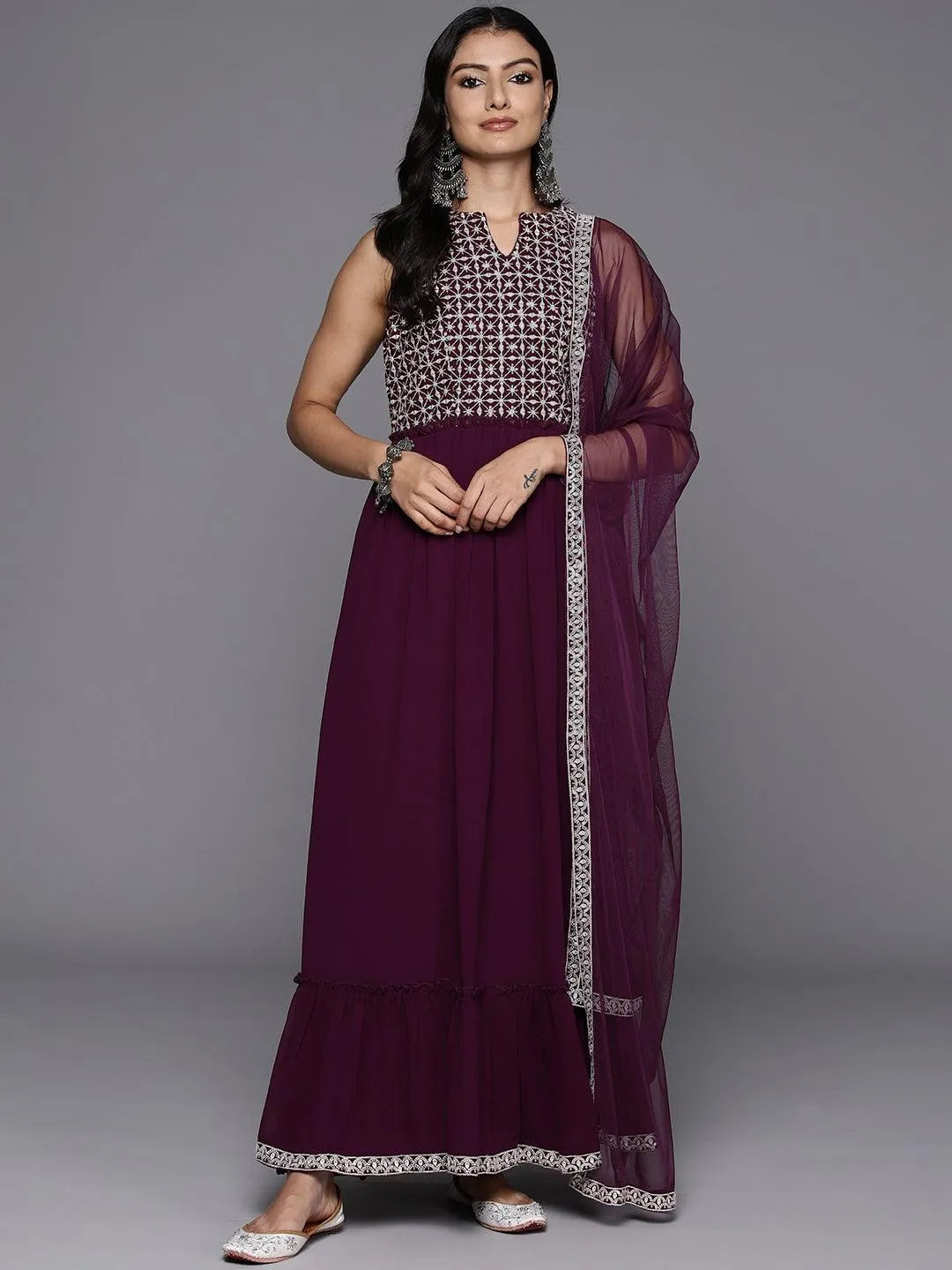 Wine Embroidered Georgette Anarkali Kurta With Trousers & Dupatta - Libas 