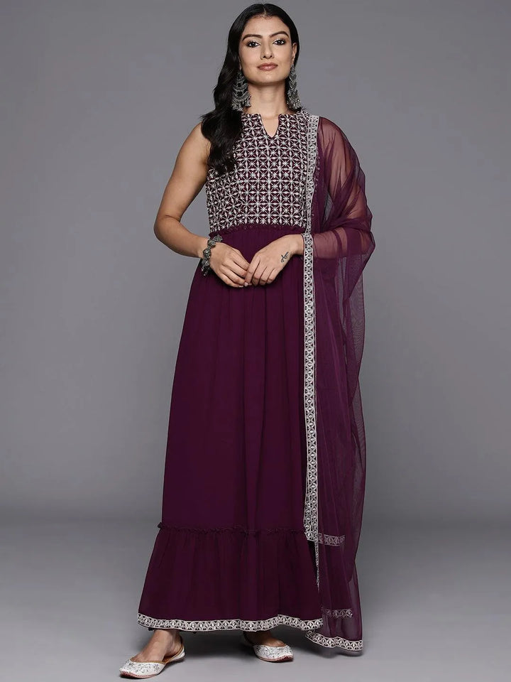 Wine Embroidered Georgette Anarkali Kurta With Trousers & Dupatta - Libas