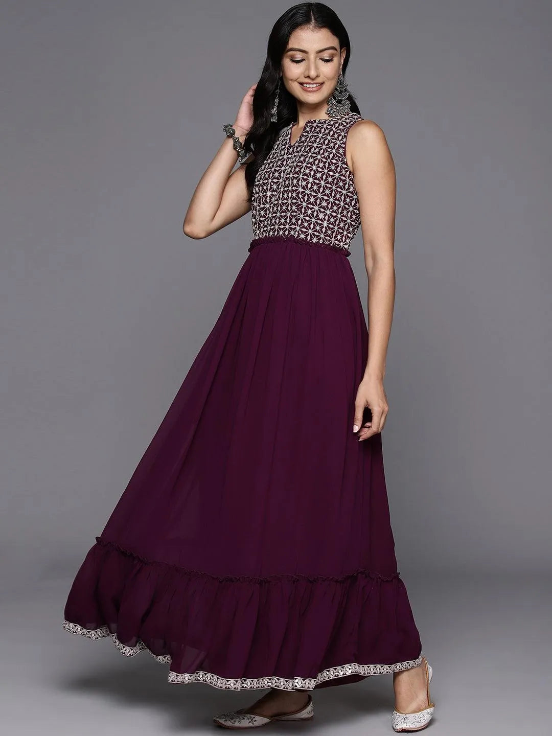 Wine Embroidered Georgette Anarkali Kurta With Trousers & Dupatta - Libas 