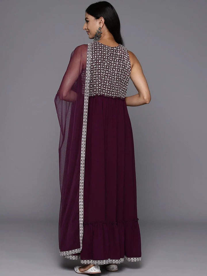 Wine Embroidered Georgette Anarkali Kurta With Trousers & Dupatta - Libas