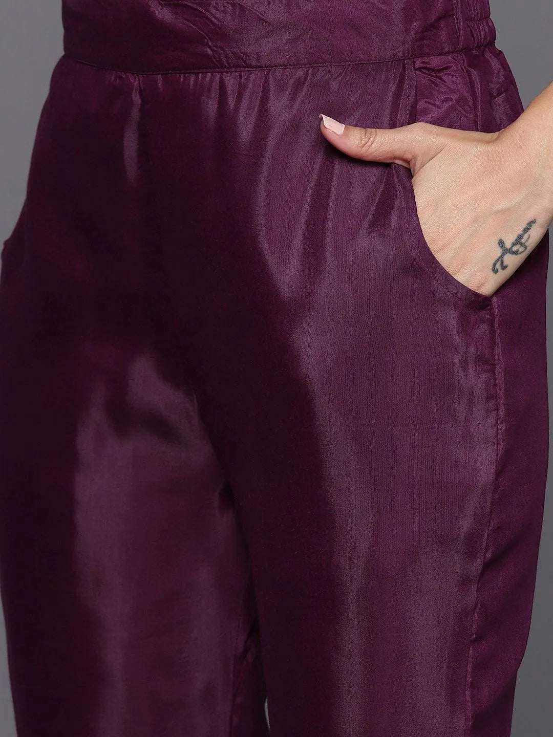 Wine Embroidered Georgette Anarkali Kurta With Trousers & Dupatta - Libas 