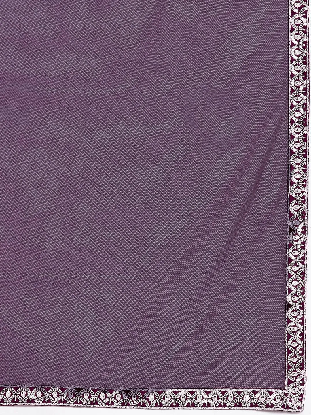 Wine Embroidered Georgette Anarkali Kurta With Trousers & Dupatta - Libas 