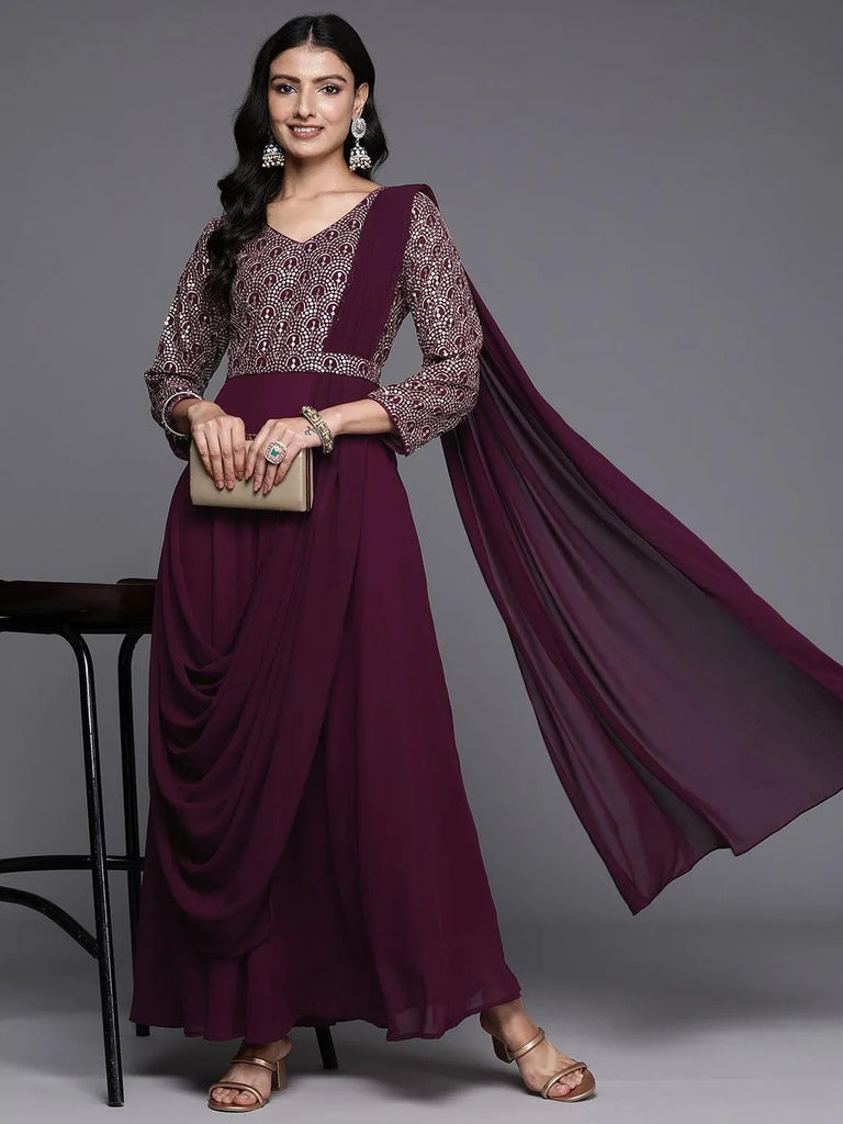 strapless open back dress Buy Wine Embroidered Georgette Gown Dress Online at Rs.1449