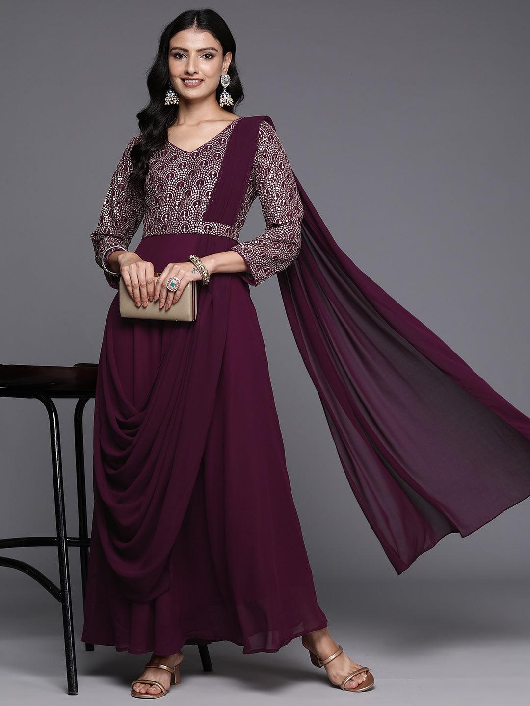 Wine Embroidered Georgette Gown Dress - Libas