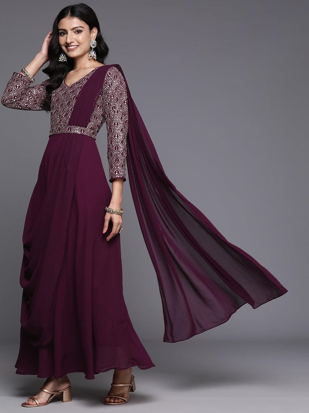 Wine Embroidered Georgette Gown Dress - Libas