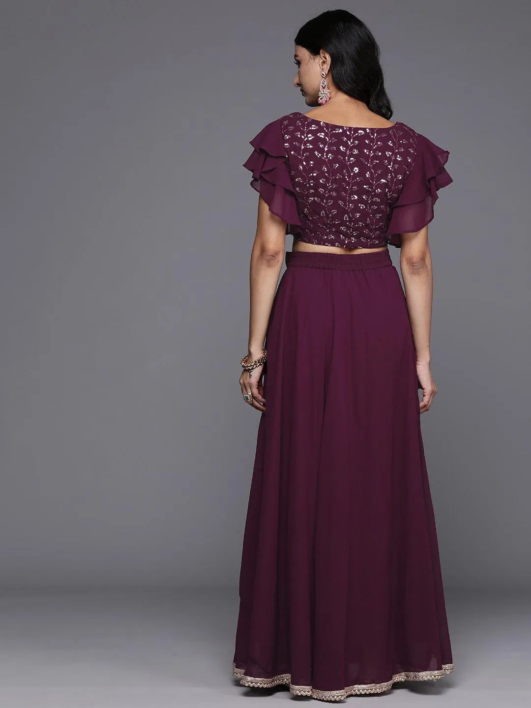 Wine Embroidered Georgette Lehenga Set - Libas 