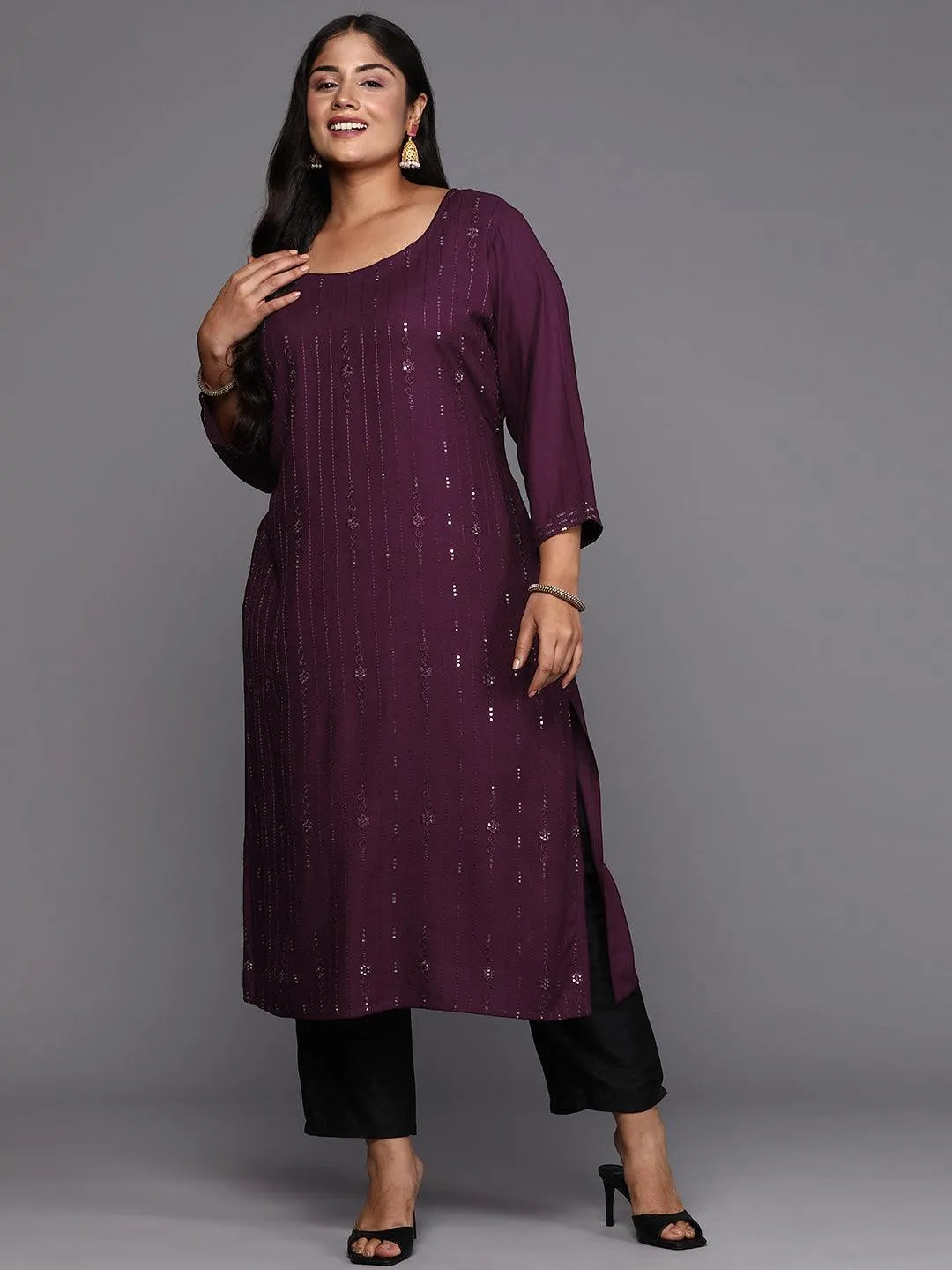 Wine Embroidered Rayon Straight Kurta - Libas 
