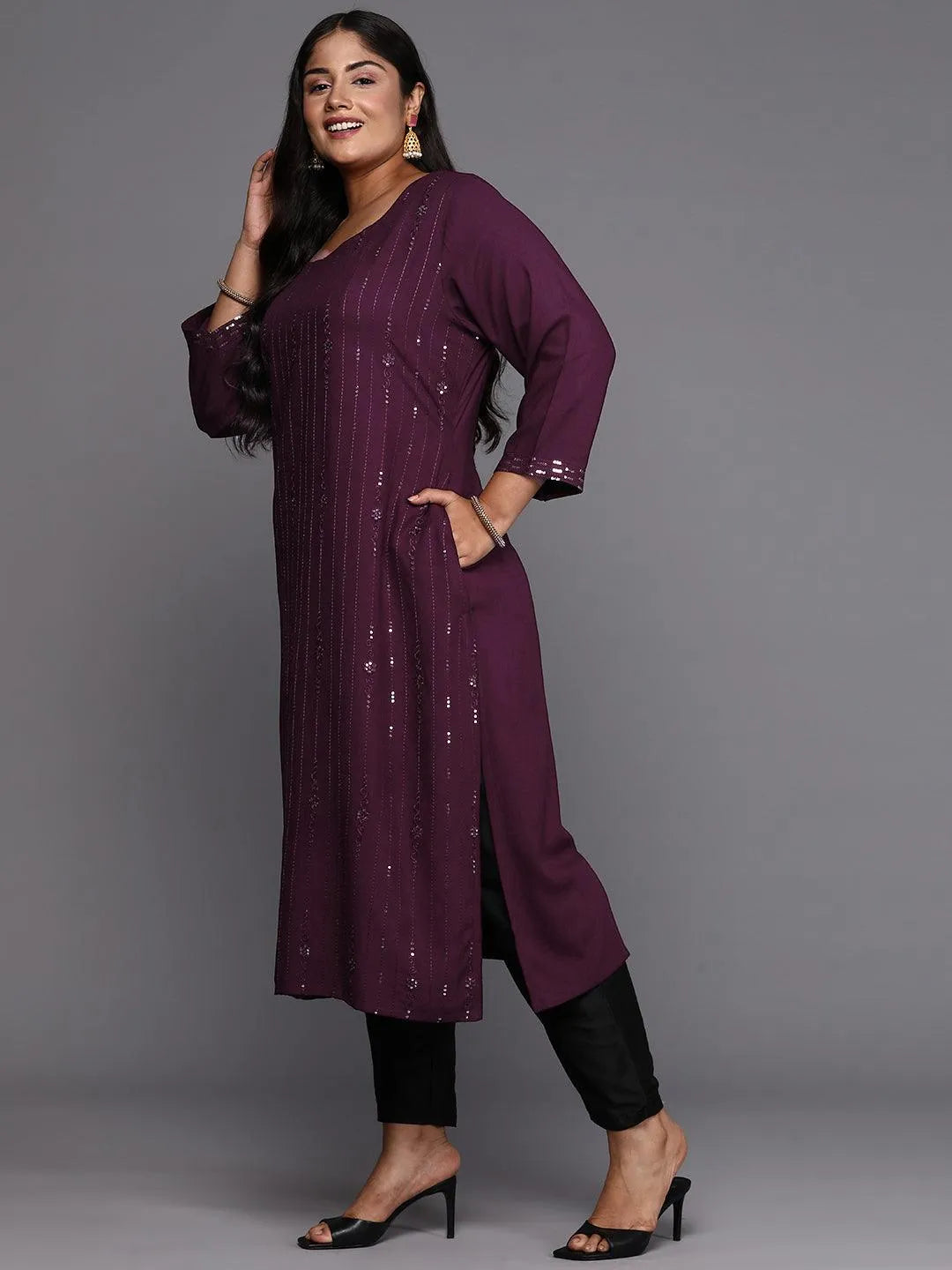 Wine Embroidered Rayon Straight Kurta - Libas 