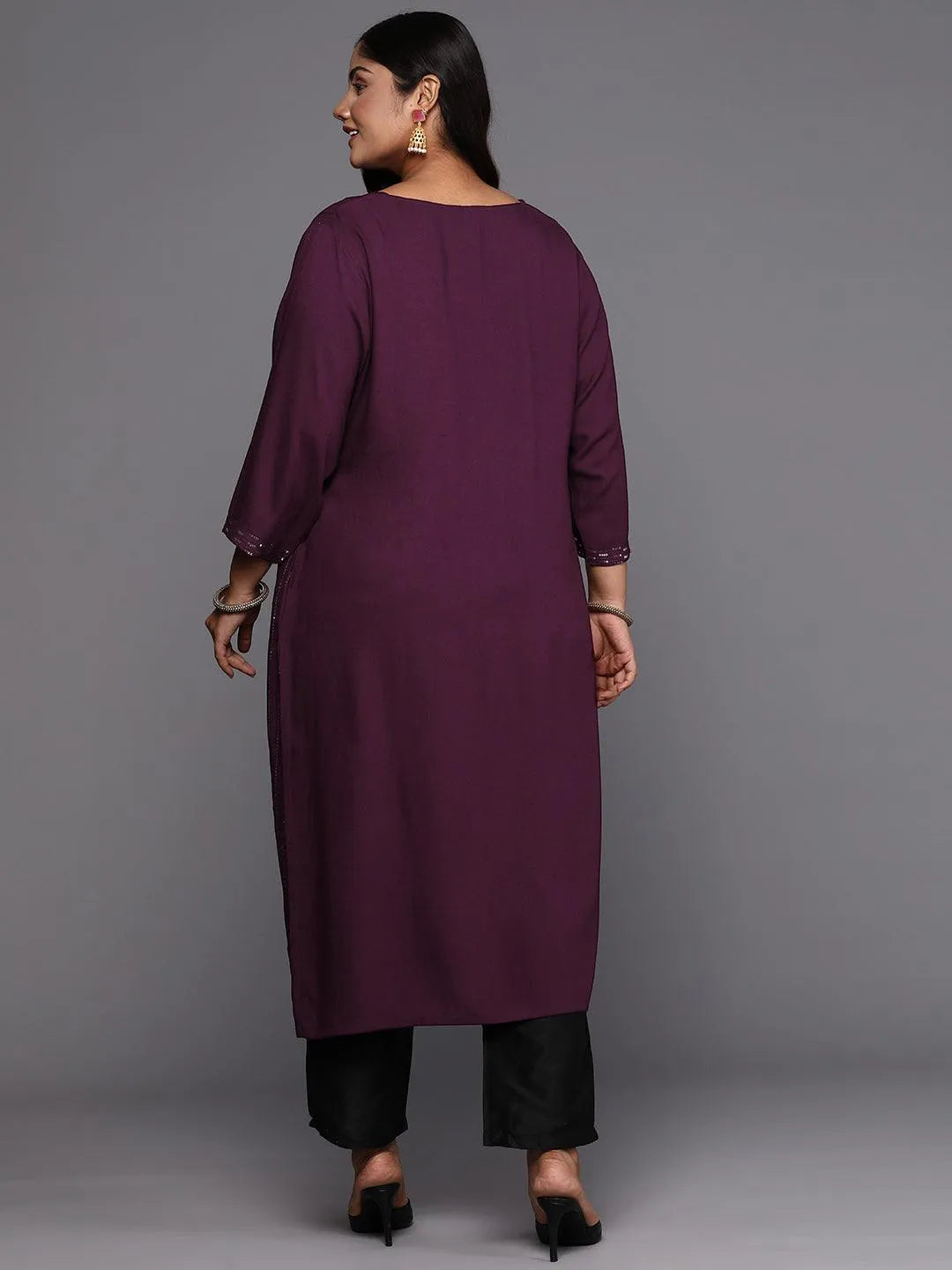 Wine Embroidered Rayon Straight Kurta - Libas 