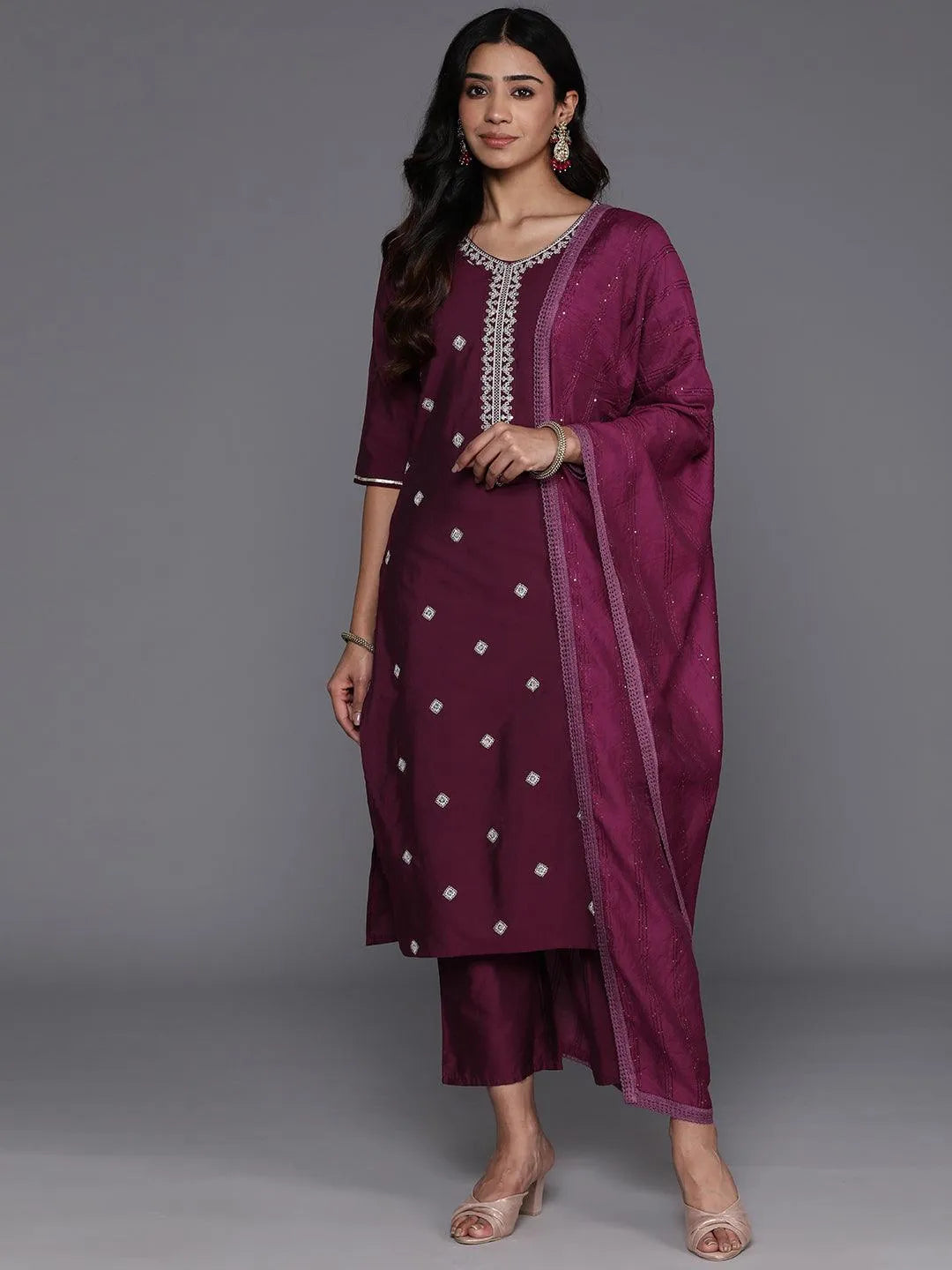 Wine Embroidered Silk Blend Straight Kurta With Trousers & Dupatta - Libas 