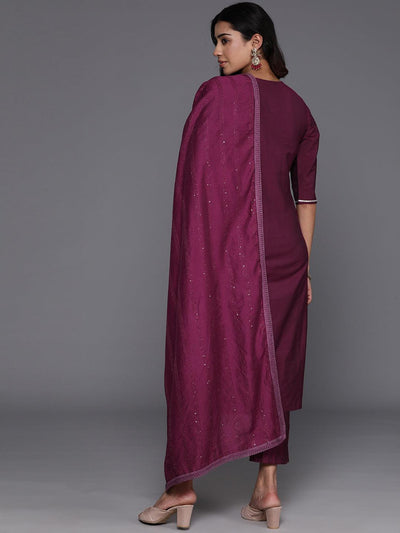 Wine Embroidered Silk Blend Straight Kurta With Trousers & Dupatta - Libas