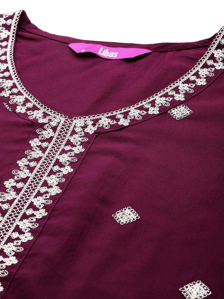 Wine Embroidered Silk Blend Straight Kurta With Trousers & Dupatta - Libas