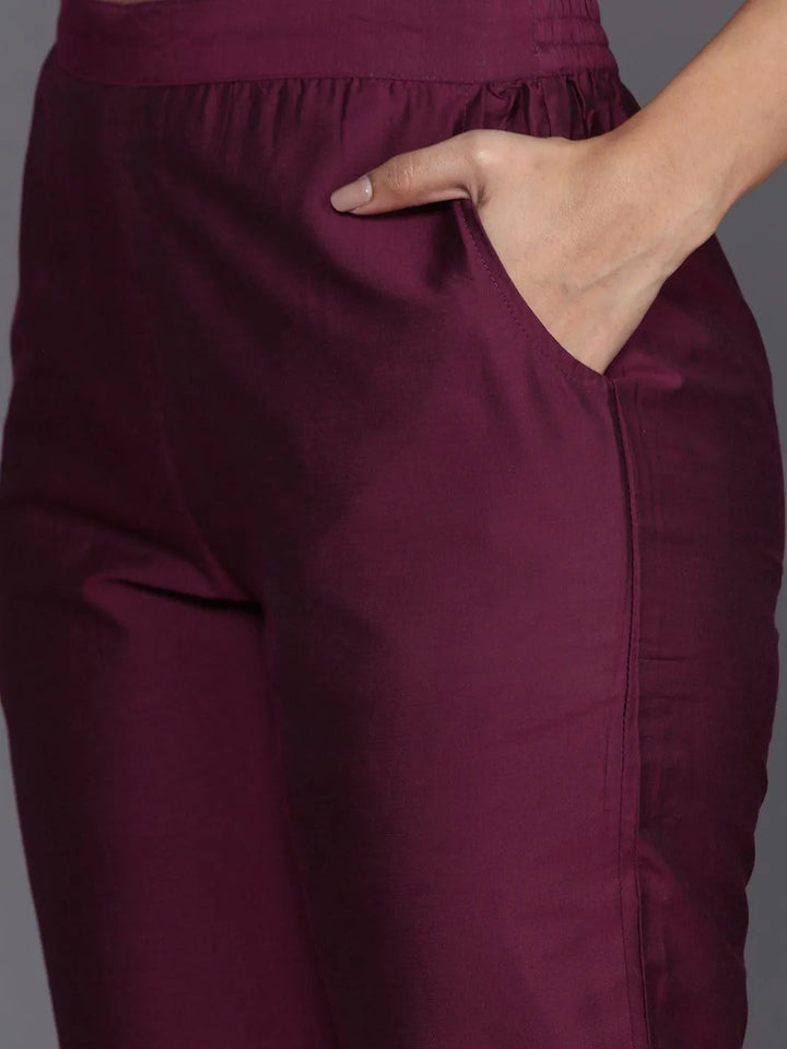 Wine Embroidered Silk Blend Straight Kurta With Trousers & Dupatta - Libas