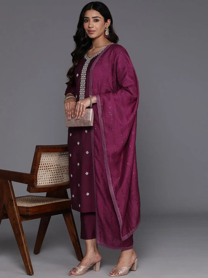 Wine Embroidered Silk Blend Straight Kurta With Trousers & Dupatta - Libas