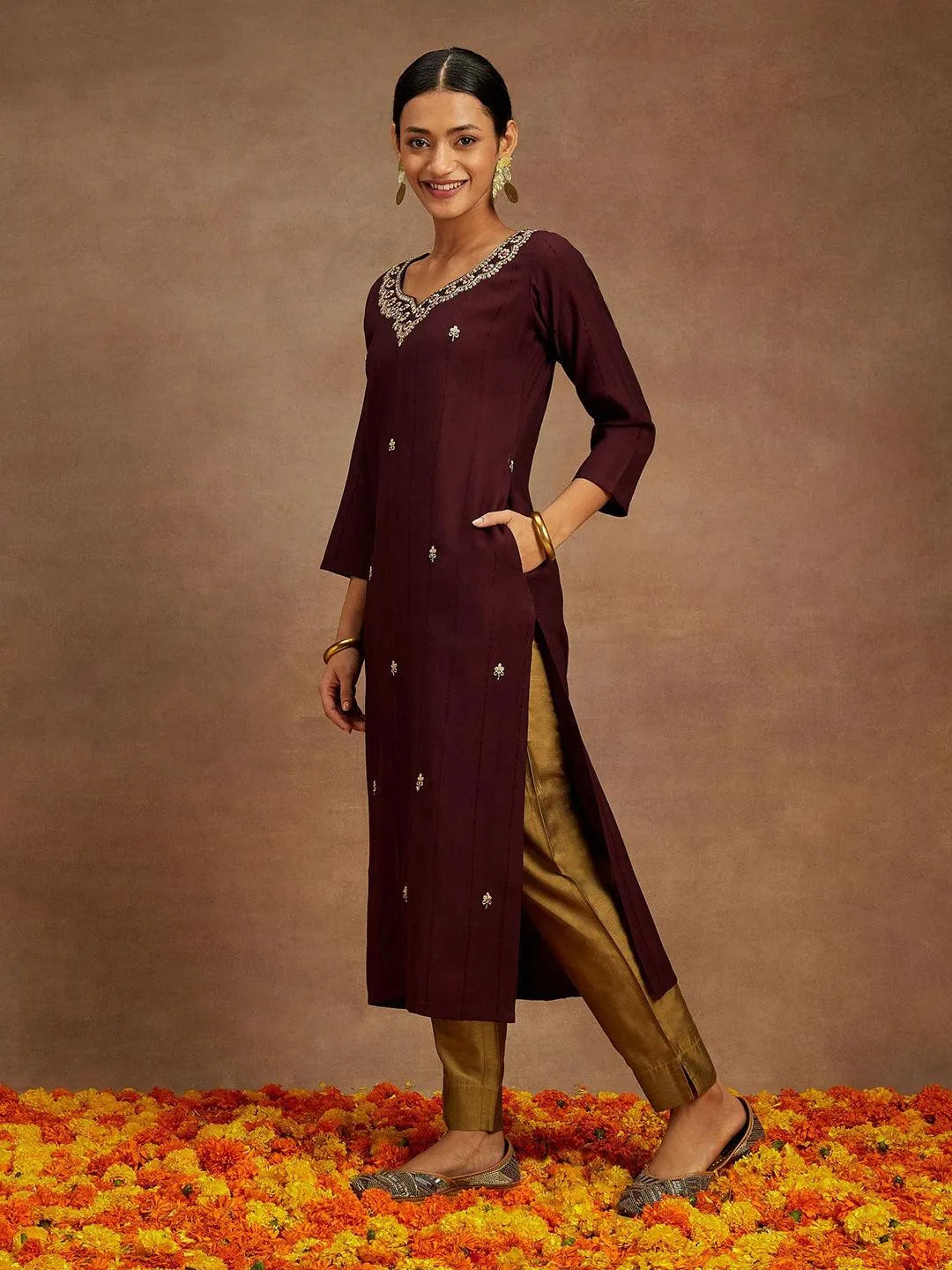 Wine Embroidered Silk Straight Kurta - Libas 