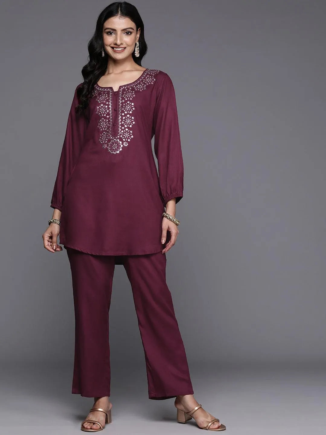 Wine Embroidered Wool Blend Tunic With Trousers - Libas 