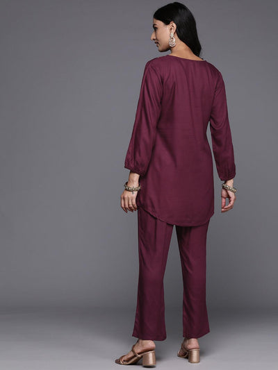Wine Embroidered Wool Blend Tunic With Trousers - Libas