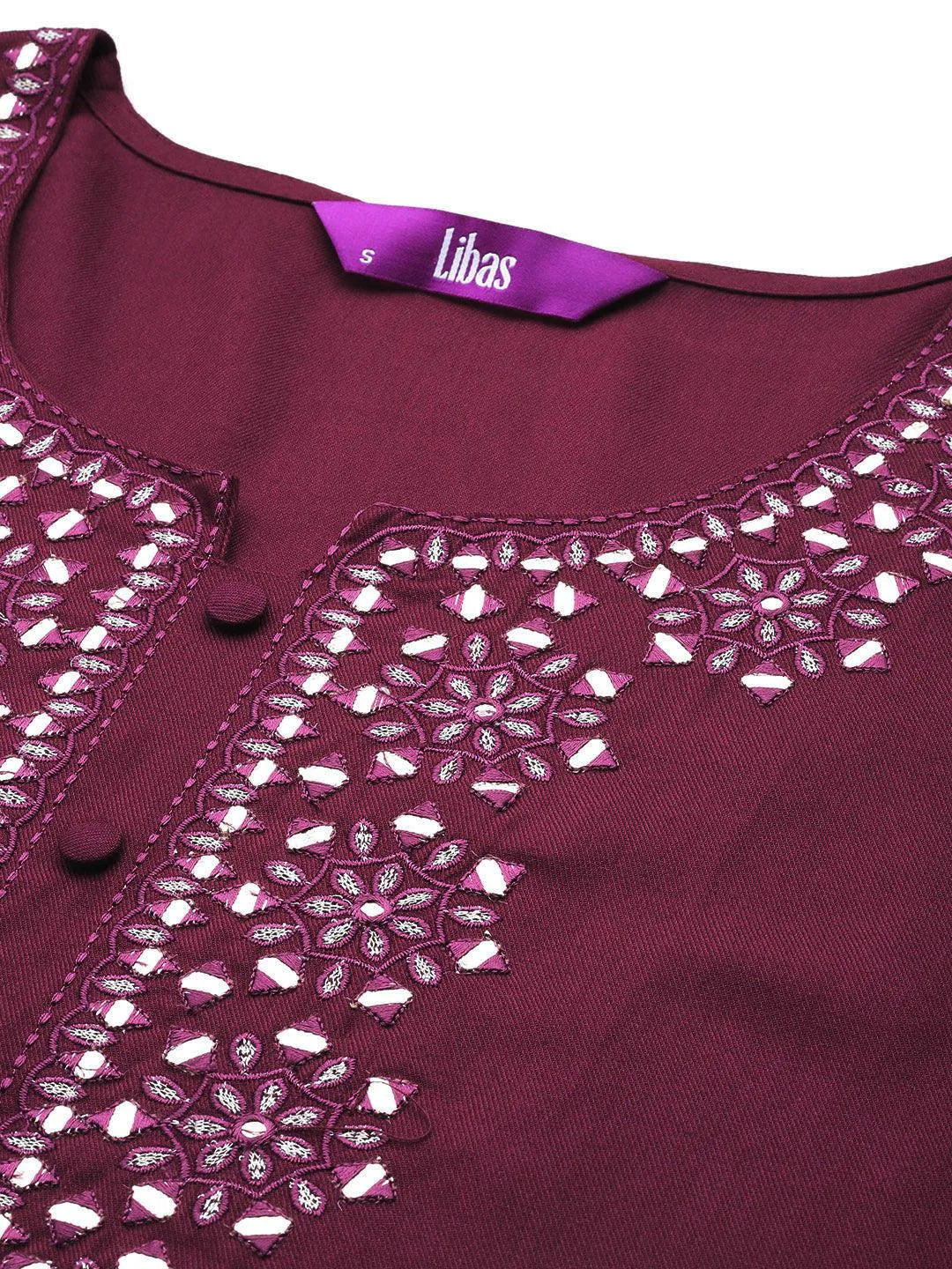 Wine Embroidered Wool Blend Tunic With Trousers - Libas 